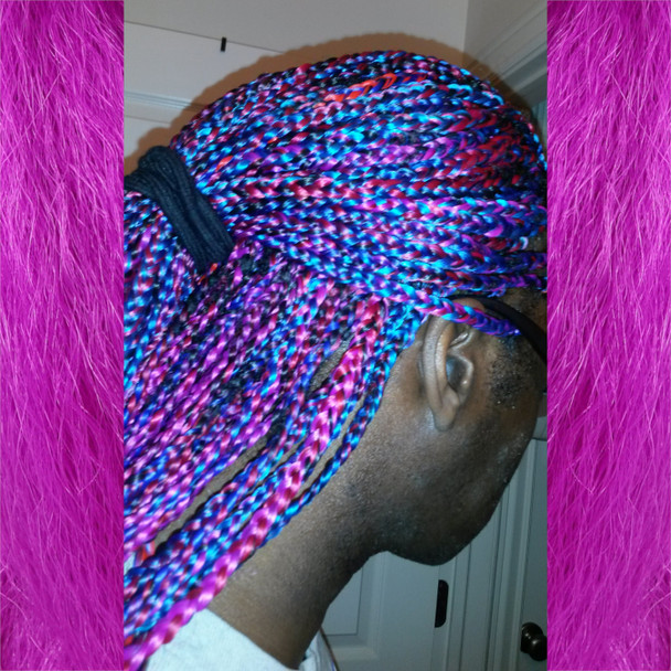 Halo13 wearing braids in 1B Off Black, Cobalt Blue, Neon Violet, Purple, Red, and Turquoise