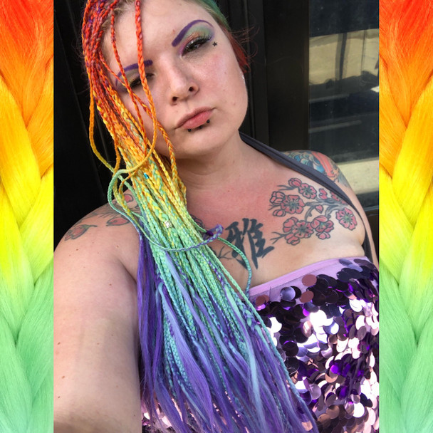 Jill wearing braids in Rainbow