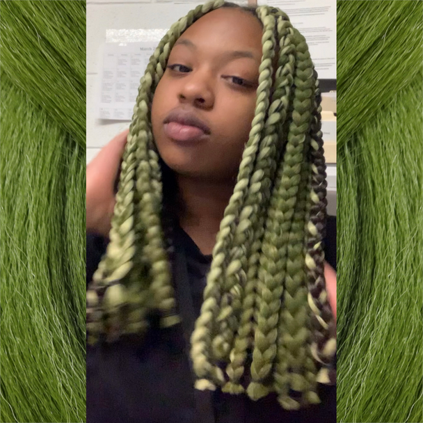 Chloe wearing braids in Khaki Green, Olive Green, and Pistachio