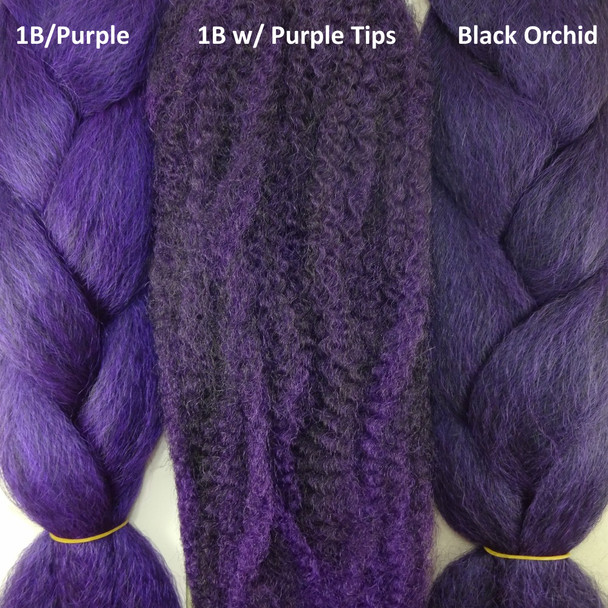 Color comparison from left to right: 1B Off Black/Purple Mix, 1B Off Black with Dark Purple Tips, Black Orchid