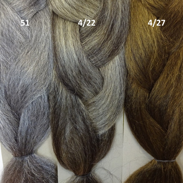 Color comparison: 51 Grey, 4/22 Dark Brown/Ash Blond Mix, and 4/27 Dark Brown/Strawberry Blond Mix