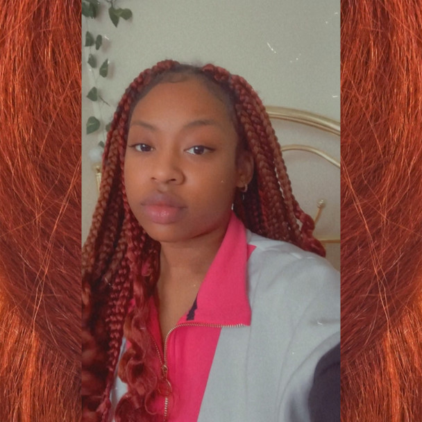 Chloe wearing braids in 130 Red Auburn, 350 Rusty Red, D13 Rich Auburn, and Rustic Red