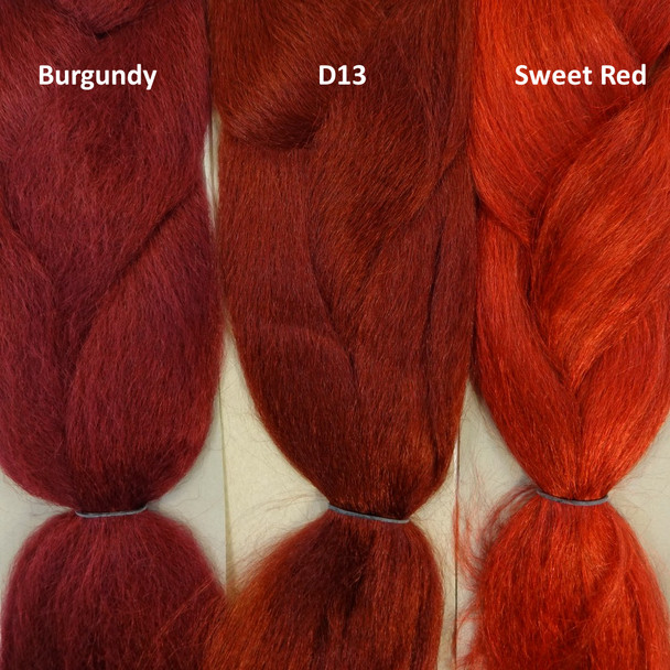 Color comparison from left to right: Burgundy, D13 Rich Auburn, and Sweet Red