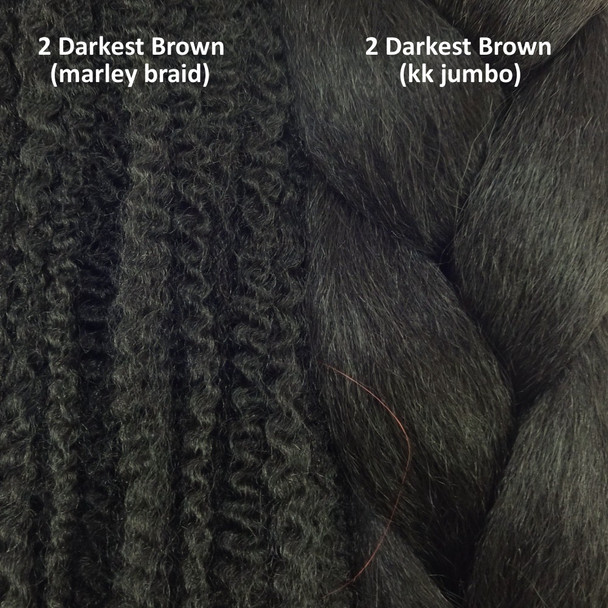 Texture comparison: 2 Darkest Brown marley braid on the left and 2 Darkest Brown kk jumbo braid on the right