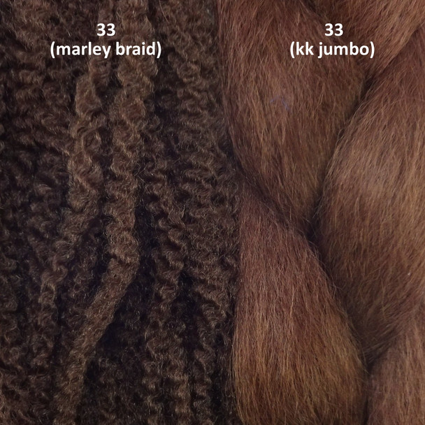 Color comparison from left to right: 33 Dark Auburn marley braid, 33 Dark Auburn kk jumbo braid