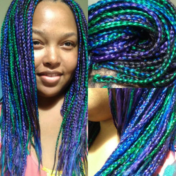 Leesa in Emerald Green, Dark Purple, Navy Blue, and 4 Dark Brown box braids