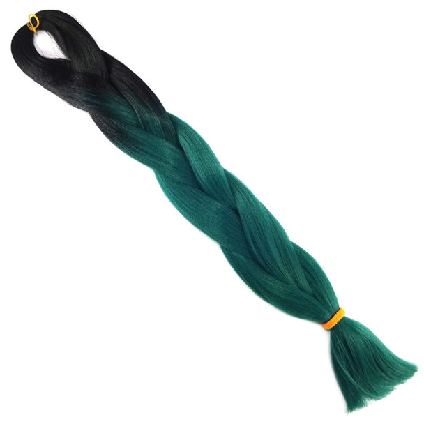 Full length view of High Heat Festival Braid, 1B Off Black with Ocean Green Tips