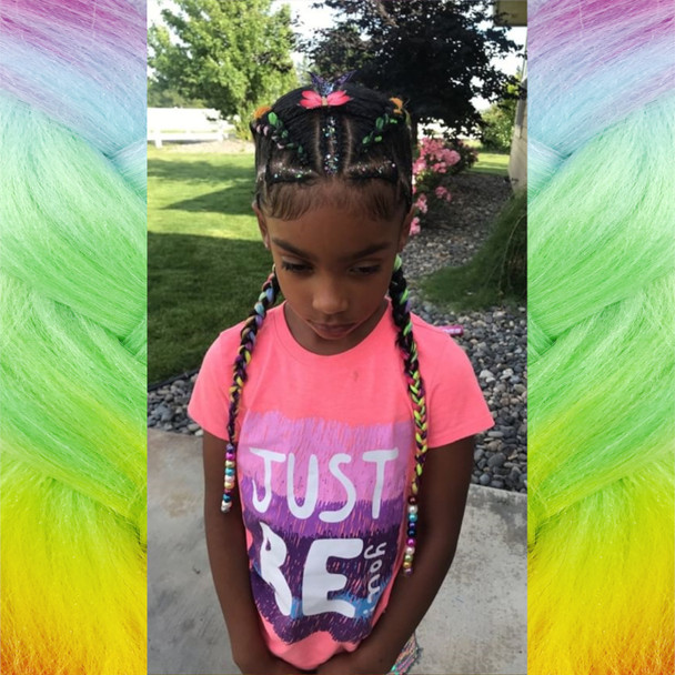 nett_med's daughter wearing braids in 1B Off Black with Neon Yellow Tips, Peachy Keen, Reverse Rainbow, and Twilight Moon