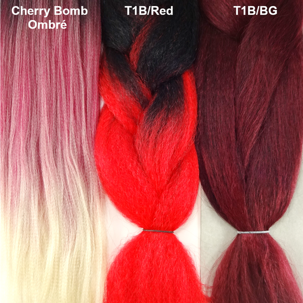 Color comparison from left to right: Cherry Bomb Ombré, 1B Off Black with Red Tips, T1B/BG Red Wine with Burgundy Tips