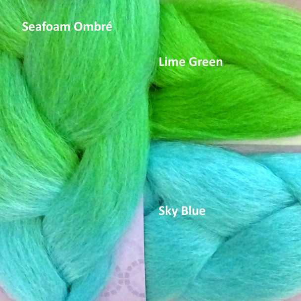 Color comparison showing Seafoam Ombré on th left, and Lime Green and Sky Blue on the right