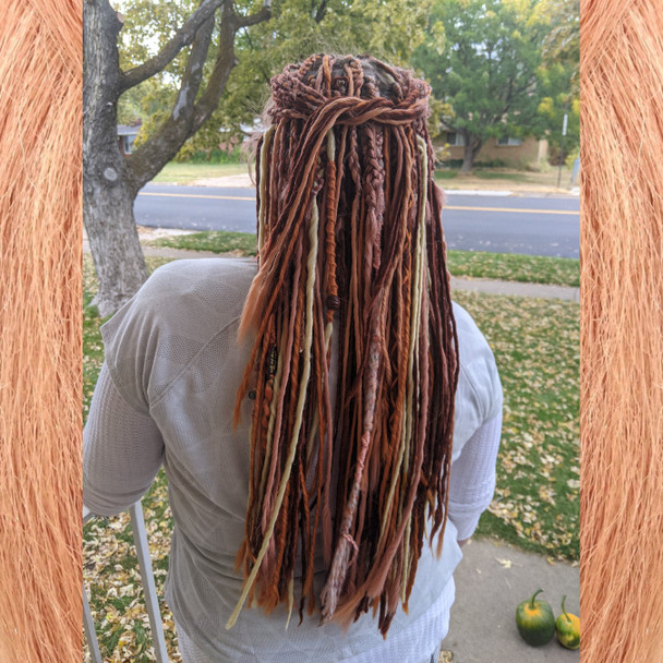Brooke wearing synthetic dreads made from Apricot, Copper, Peach Bloom, and Toffee