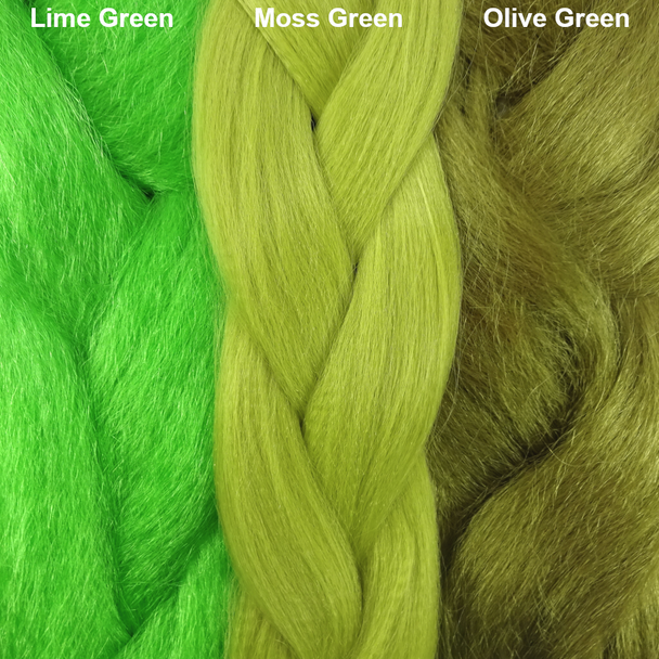 Color comparison from left to right: Lime Green, Moss Green, Olive Green