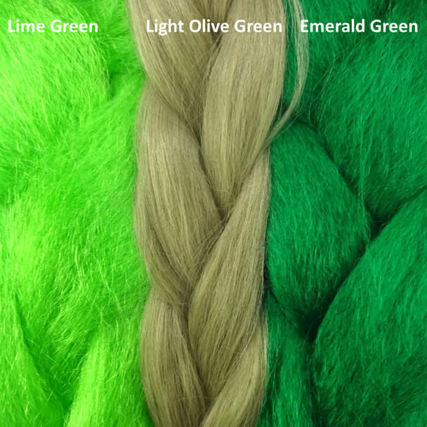 Color comparison from left to right: Lime Green, Light Olive Green, Emerald Green
