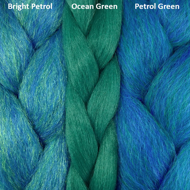 Color comparison from left to right: Bright Petrol Green, Ocean Green, Petrol Green