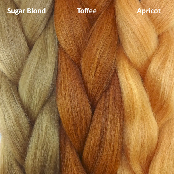 Color comparison from left to right: Sugar Blond, Toffee, Apricot