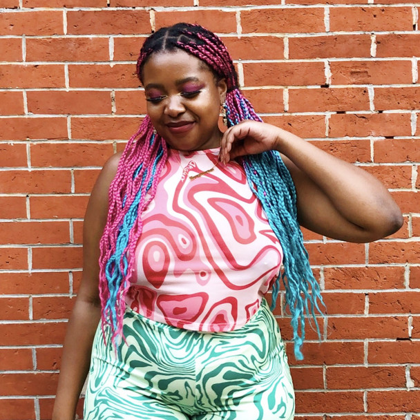 Catherine wearing braids in Berry Pink, Lagoon Blue, and Rock Candy