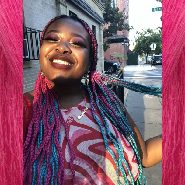 Catherine wearing braids in Berry Pink, Lagoon Blue, and Rock Candy
