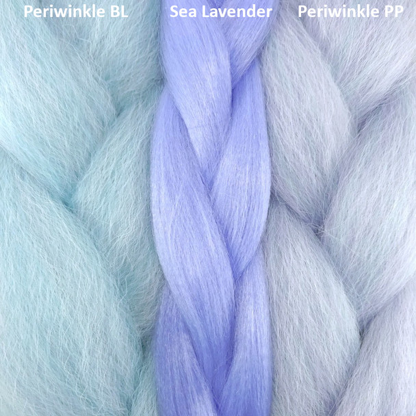 Color comparison from left to right: Periwinkle Blue, Sea Lavender, Periwinkle Purple