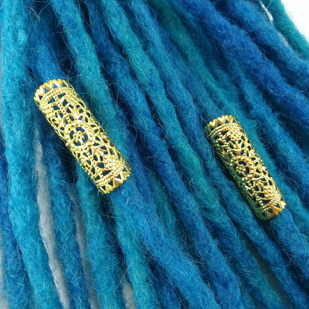 Goddess L:ace Pattern Hair Cuffs, Gold (2 pieces) shown on handmade synthetic dreads