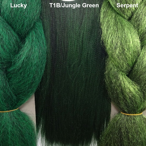 Color comparison from left to right: Lucky, 1B Off Black with Jungle Green Tips in the middle,  Serpent