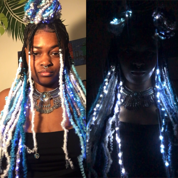 Shaymon wearing faux locs made from 60 Silver White, Aquamarine, Blue Raspberry, Blue Silk, Bright Blue, Pure White, Space Cadet, Sprinkles, and Summer Sky