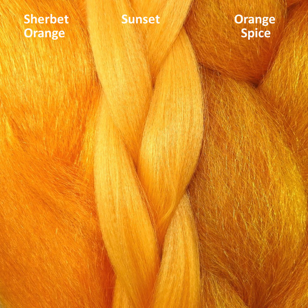 Color comparison from left to right: Sherbet Orange, Sunset, Orange Spice