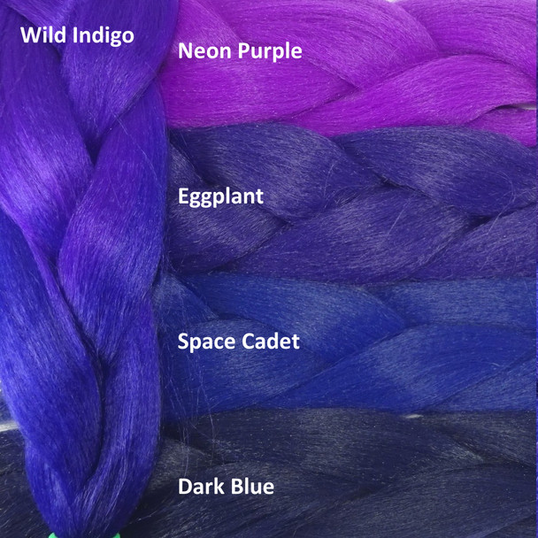 Color comparison: Wild Indigo on the left and Neon Purple, Eggplant, Space Cadet, and Dark Blue on the right