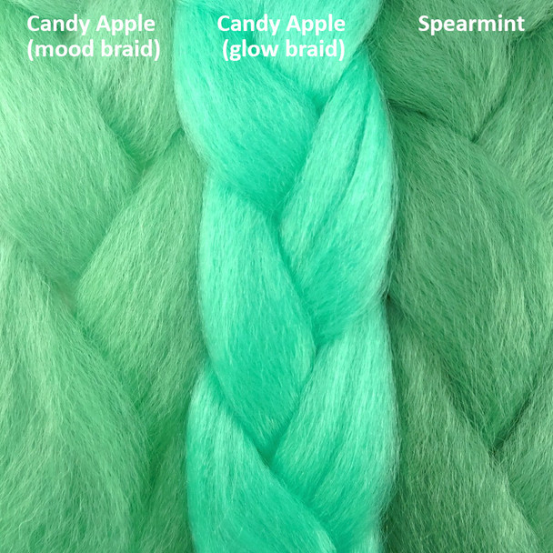 Color comparison from left to right: Candy Apple RastAfri Mood Braid, Candy Apple RastAfri Glow Braid, and Spearmint