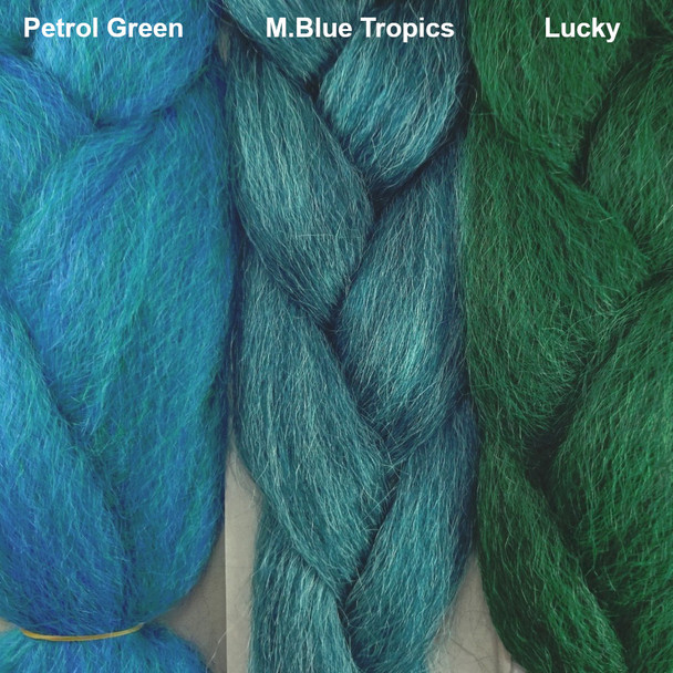 Color comparison from left to right: Petrol Green, M.Blue Tropics, Lucky