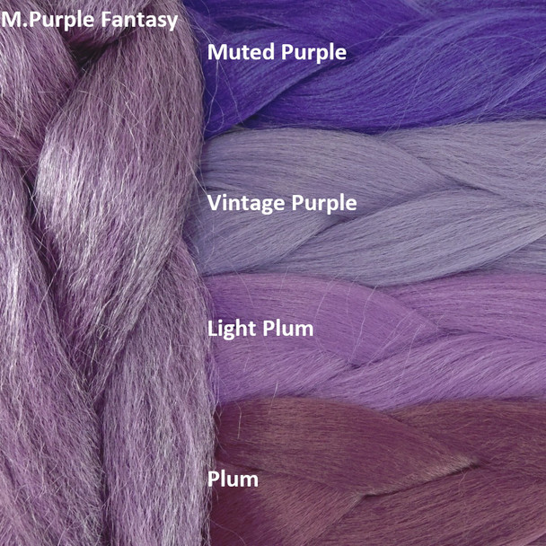 Color comparison: M.Purple Fantasy on the left and Muted Purple, Vintage Purple, Light Plum, and Plum on the right