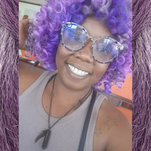 Chanece wearing curls made from M.Purple Fantasy, M.Tropical Berry, Orchid, and Purple