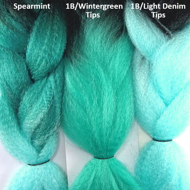 Color comparison from left to right: Spearmint, 1B Off Black with Wintergreen Tips, 1B Off Black with Light Denim Tips
