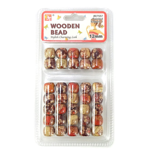 Packaging for 12mm Wooden Patterned Hair Beads, Brown/Red/Beige