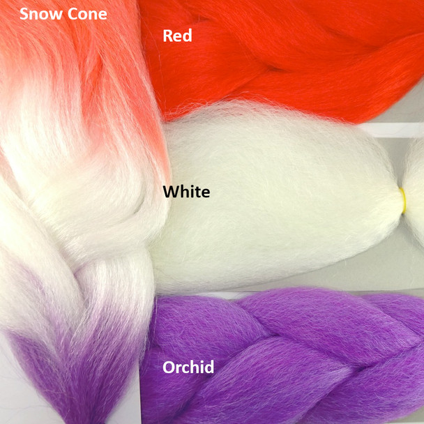 Color comparison: Snow Cone on the left and Red, White, and Orchid on the right