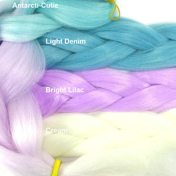 Color comparison: Antarcti-Cutie on the left and Sky Blue, Lavender, and White on the right