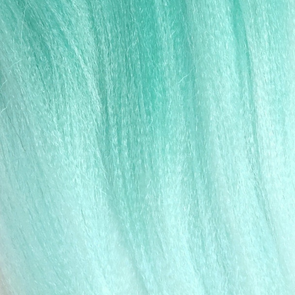 Close-up of the transition from Wintergreen/Frosted Blue to solid Frosted Blue for IKS Pre-Stretched 28" Kanekalon Ultra Braid, Spearmint Ombré