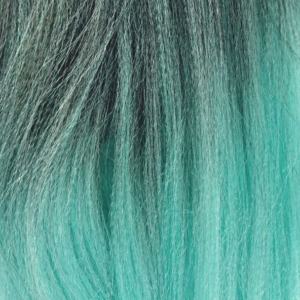 Close-up of the transition from 1B/Wintergreen/Frosted Blue to Wintergreen/Frosted Blue for IKS Pre-Stretched 28" Kanekalon Ultra Braid, Spearmint Ombré