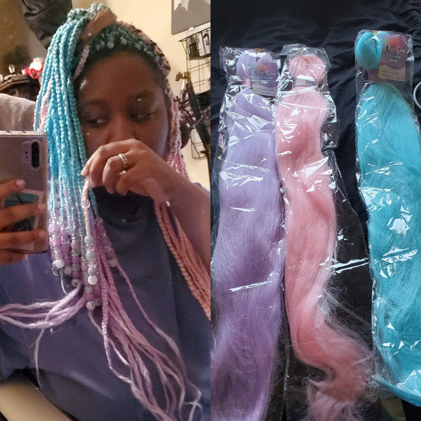 Lee wearing braids in Pastel Lilac, Pastel Pink, and Sea Glass