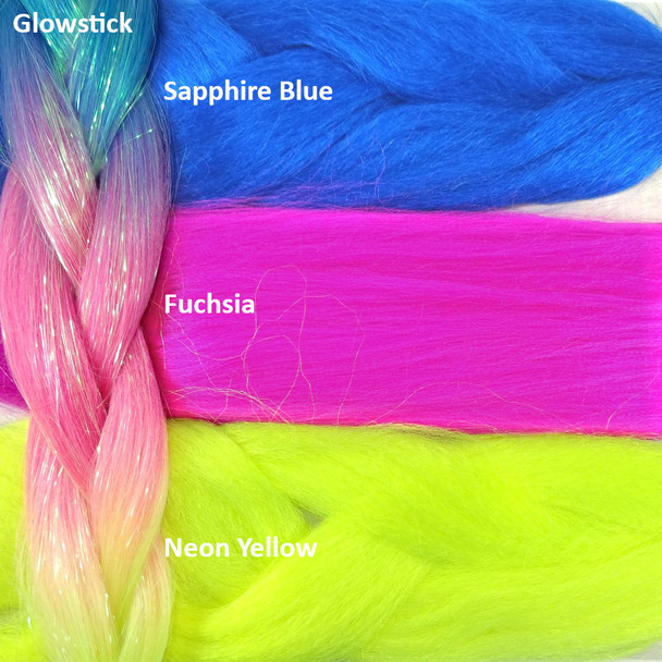 Color comparison: Glowstick on the left and Sapphire Blue, Fuchsia, and Neon Yellow on the right