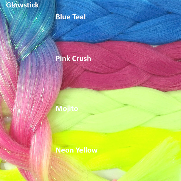 Color comparison: Glowstick on the left and Blue Teal, Pink Crush, Mojito, and Neon Yellow on the right