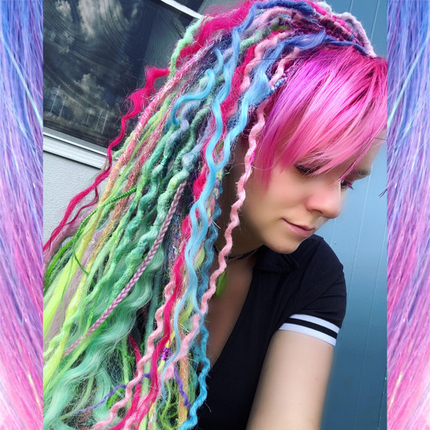 Krissie wearing synthetic dreads made from Glowstick