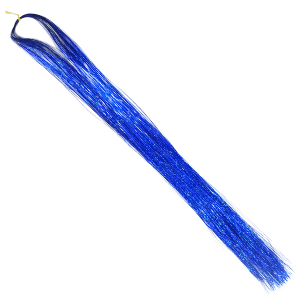 Full length view of Holographic Straight Tinsel Hair, Cobalt Blue