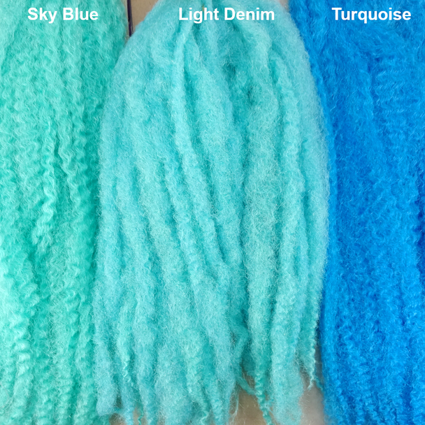 Color comparison from left to right: Sky Blue, Light Denim, Turquoise