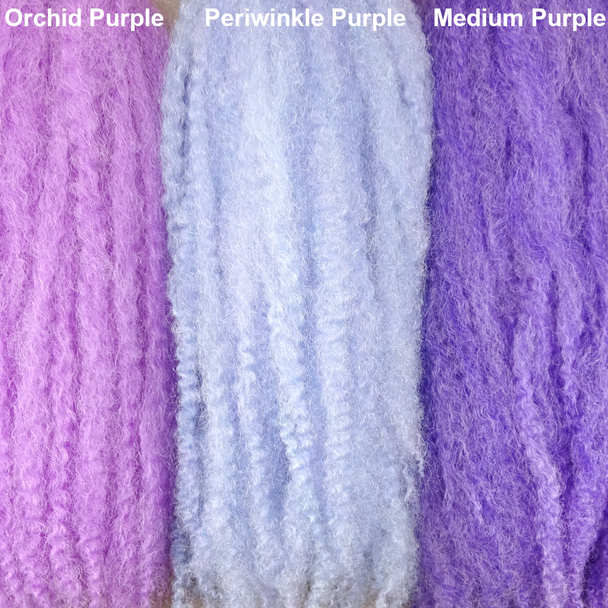 Color comparison from left to right: Orchid Purple, Periwinkle Purple, Medium Purple