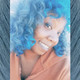 Chanece wearing curls made from Blue Teal, Denim Blue, Space Cadet, Storm, and Twilight