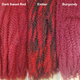 Color comparison from left to right: Dark Sweet Red, 4/RD Ember, Burgundy