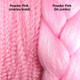 Color comparison from left to right: Powder Pink marley braid, Powder Pink kk jumbo braid