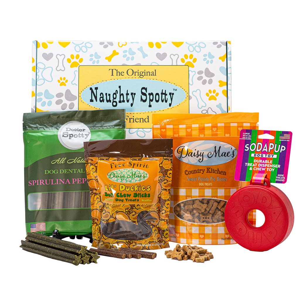 The Original Naughty Spotty™ Best Friend Box for Medium Dogs comes filled with Dog Treats, Dog Chews and a Treat Dispenser.They'll leap into the deepest ocean waters, rush into a burning inferno and stand up to hostile intruders...dogs, our incredible heroes, will give their lives for us. They give so much and ask for so little in return. Most of our beloved friends may never have the opportunity to put their lives on the line for us, but every day, their presence, their loyalty and love rescues us over and over again. The question has been asked, "Who rescued who?". One look into their eyes and we know.