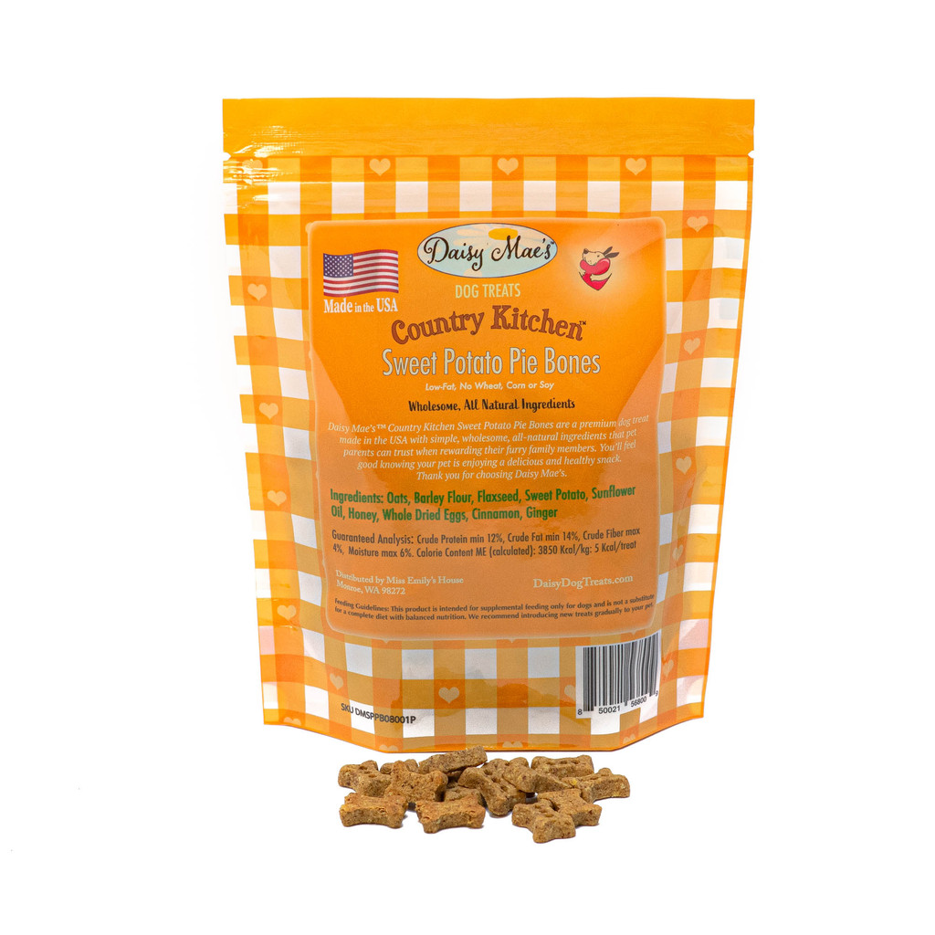 Daisy Mae's Country Kitchen™ Sweet Potato Pie Bones dog treats are made in the USA and at  ¾” make a great full-size treat for small dogs or training treat for larger dogs.