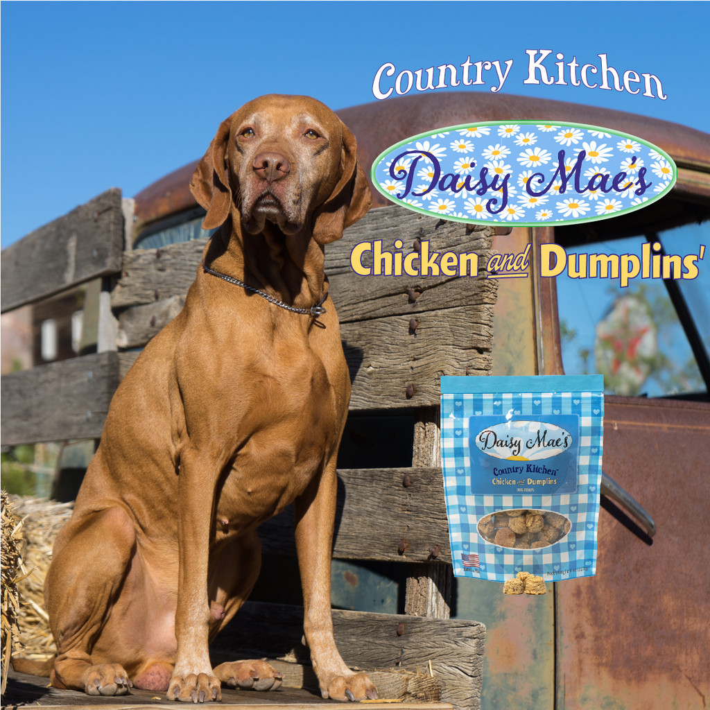 Down home, country cooking...that's what Daisy Mae's Country Kitchen Chicken and Dumplins' are all about. Inside every tasty dumplin' you'll find simple, wholesome, homestyle goodness. These premium, made in the USA, dog treats are filled with the flavors of chicken, sweet potato and honey plus other wholesome ingredients like oatmeal, flax, and coconut oil. At about 1”, these soft, chewy nuggets are a great treat for any size/age dog including seniors and come in 8 oz light blue gingham and heart pattern package. Also available in 24 oz bulk.